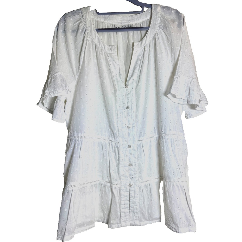Wonderly Women's Large White SS Ruffle Sleeve Blouse w/Silver Metallic Specks